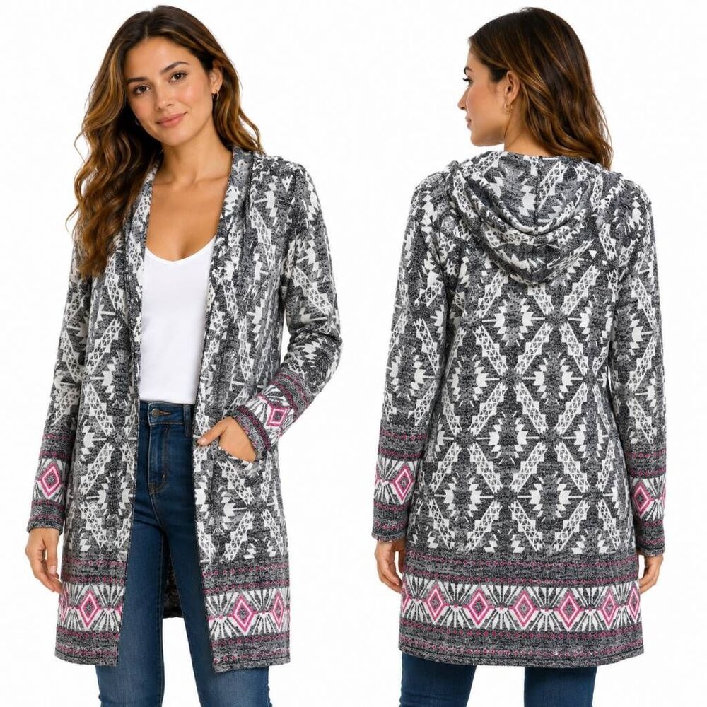 Derek Heart Aztec Hooded Cardigan Medium Gray Pink